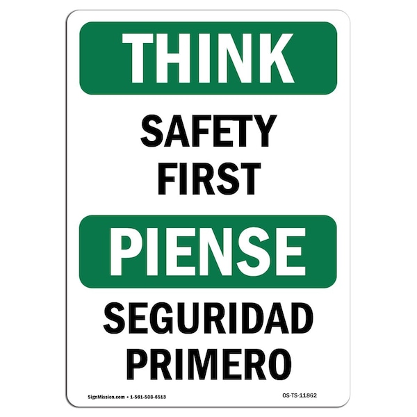 OSHA THINK Sign, Bilingual, 18in X 12in Rigid Plastic, 12" W, 18" L, Landscape, Bilingual